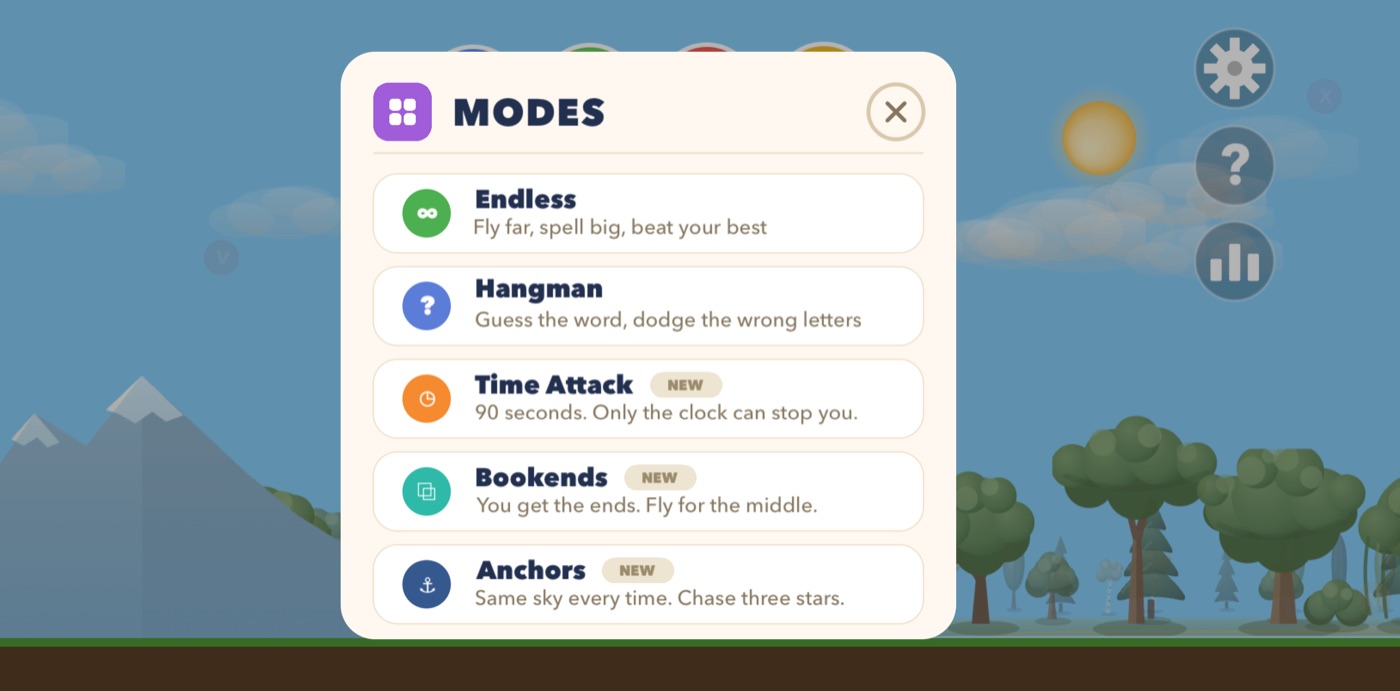 The modes sheet in Bird Brain, open over a sunny forest with mountains behind it.