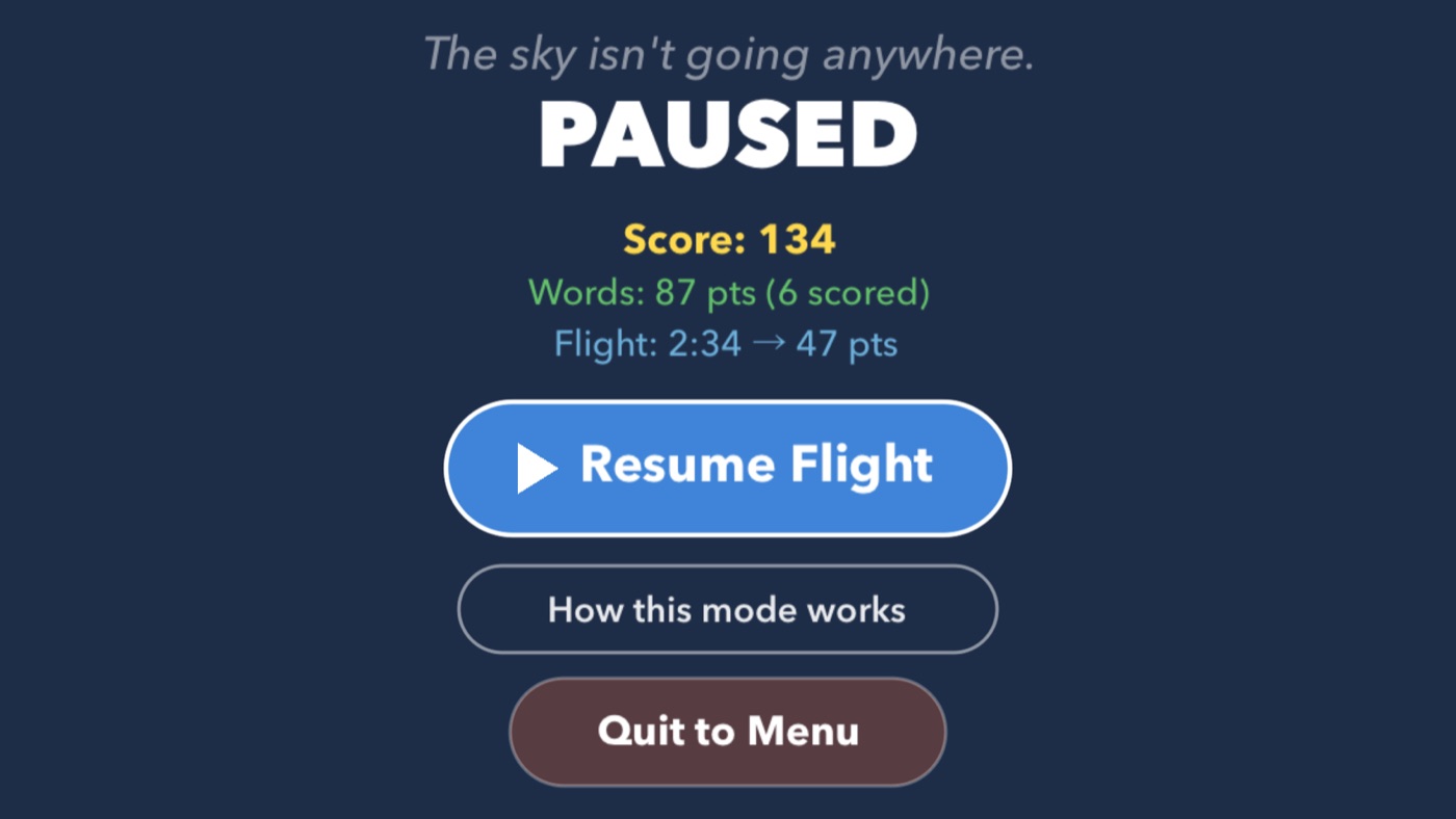 Bird Brain's pause screen: 'The sky isn't going anywhere. Paused.' with the current score and Resume Flight and Quit to Menu buttons.
